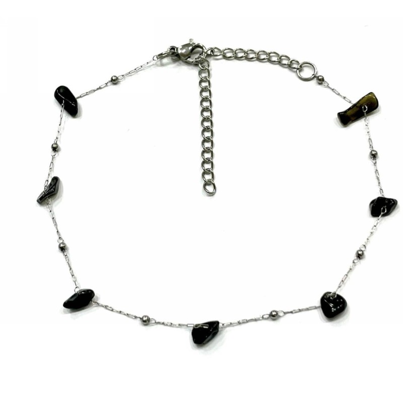 Kostibas 2013-908AM, Βραχιόλι ποδιού, Ατσάλι, Λευκό με μαύρες πέτρες