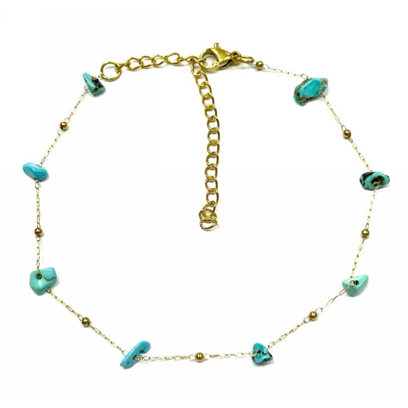 Kostibas 2013-908XT, Βραχιόλι ποδιού, Ατσάλι, Χρυσό με τιρκουάζ πέτρες