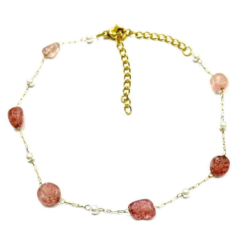 Kostibas 2013-909X3, Βραχιόλι ποδιού, Ατσάλι, Χρυσό με ροζ πέτρες