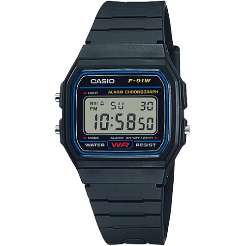 Casio F-91W-1YEG, Καουτσούκ, Με Μπρασελέ, TE, Μαύρο