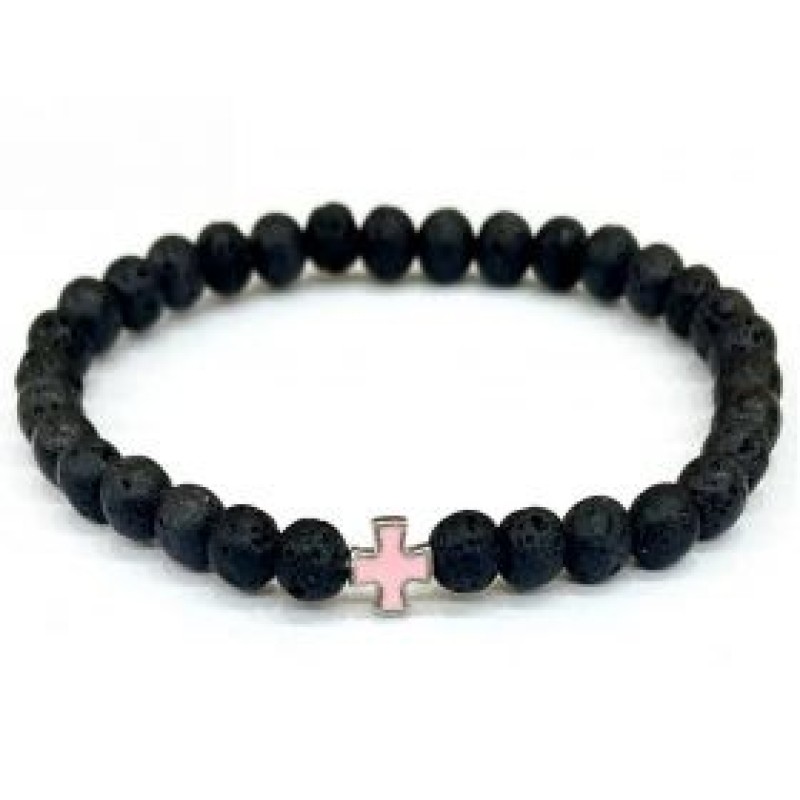 Kostibas 1559-671MR, Βραχιόλι Εκκλησιαστικό, Πέτρα, Λάβα, Μαύρο/Ροζ