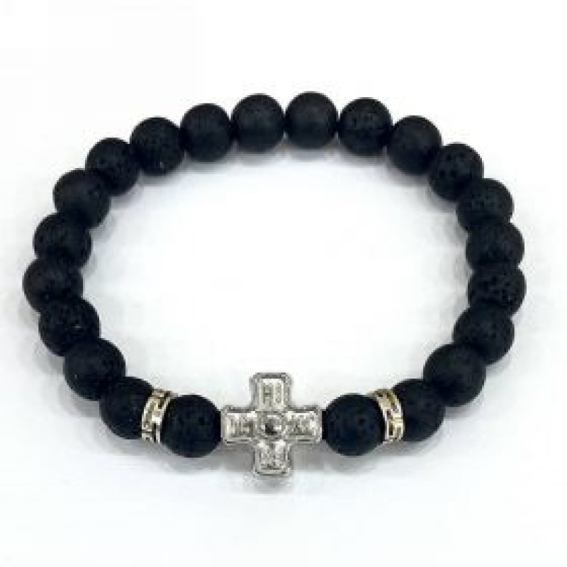 Kostibas 1559-675MA, Βραχιόλι Εκκλησιαστικό, Πέτρα, Λάβα, Μαύρο/Ασημί