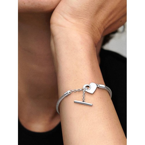 Pandora Moments 599285C00-21, Βραχιόλι, Ασήμι, Αλυσίδα Φίδι, T-Bar, Καρδια