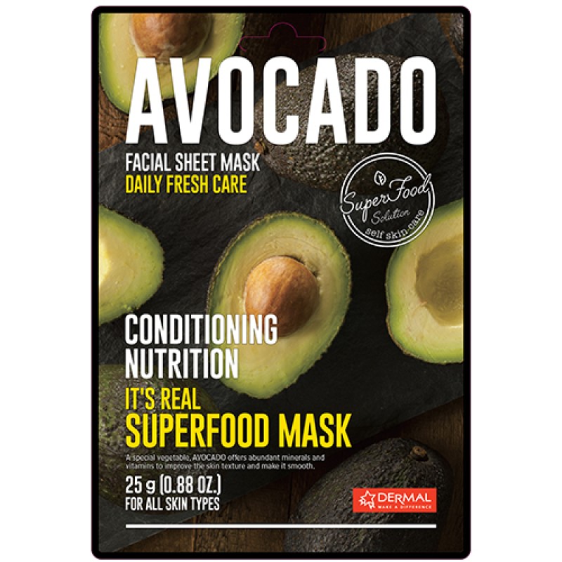 Dermal DM-210 It’s Real Superfood Avocado Korean Mask, Κορεάτικη Μάσκα Προσώπου Αναδόμησης & Επανόρθωσης