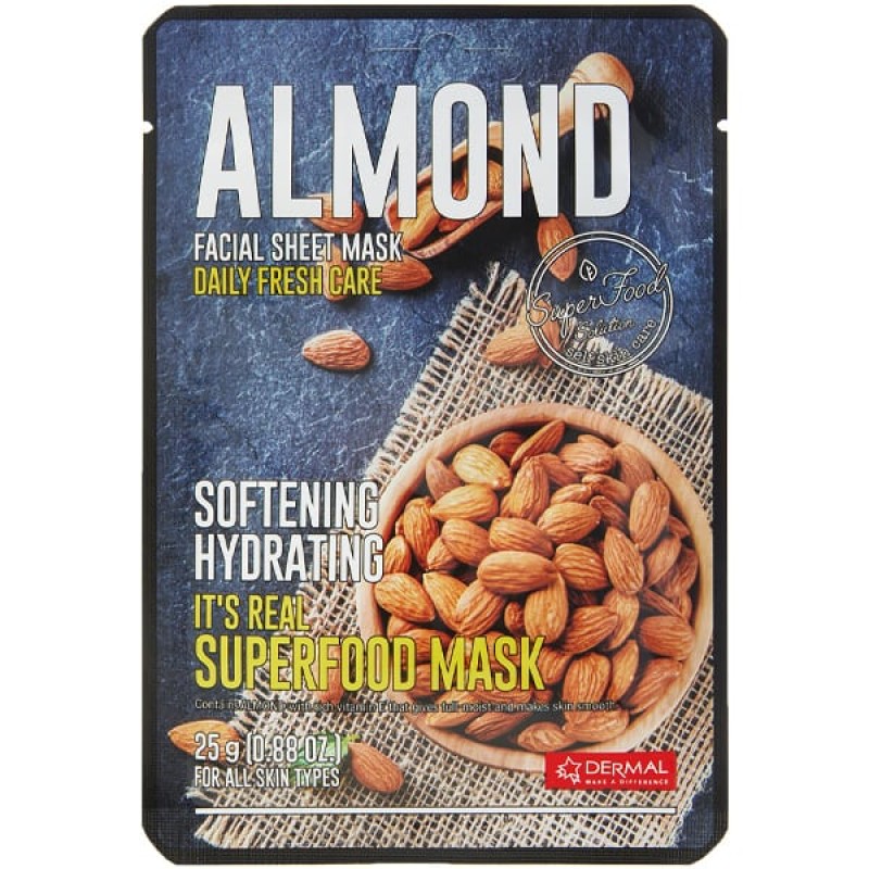 Dermal DM207 It’s Real Superfood Korean Mask Almond , Κορεάτικη Θρεπτική Μάσκα Προσώπου με Αμύγδαλο